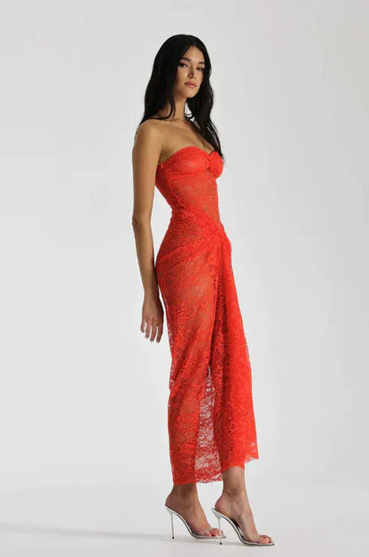 Orange Strapless Lase Illusion Lace Prom Dress