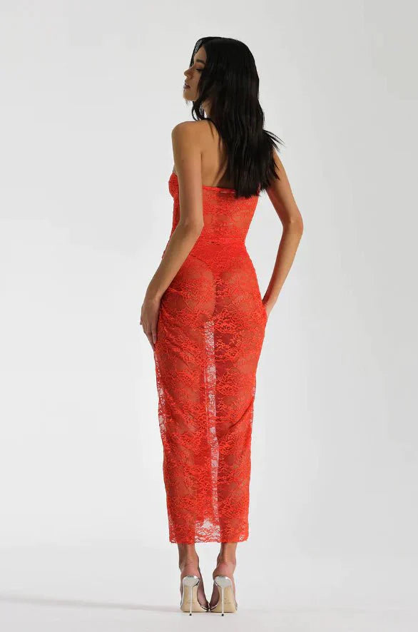 Orange Strapless Lase Illusion Lace Prom Dress