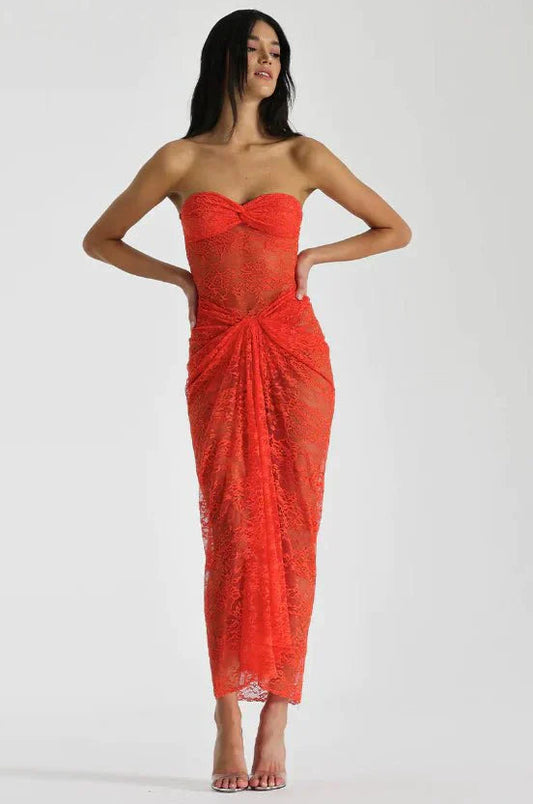 Orange Strapless Lase Illusion Lace Prom Dress