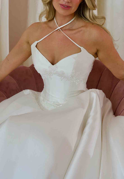 Cross-Neck Halter Satin A-Line Court Train Lace Trim Empire Wedding Dresses