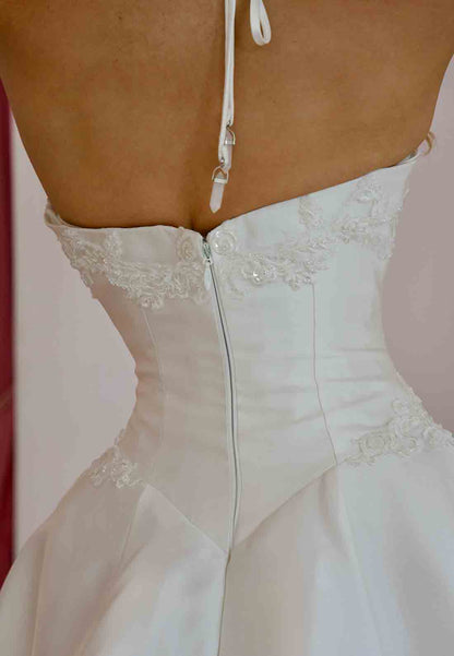 Cross-Neck Halter Satin A-Line Court Train Lace Trim Empire Wedding Dresses