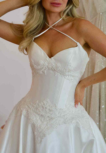 Cross-Neck Halter Satin A-Line Court Train Lace Trim Empire Wedding Dresses