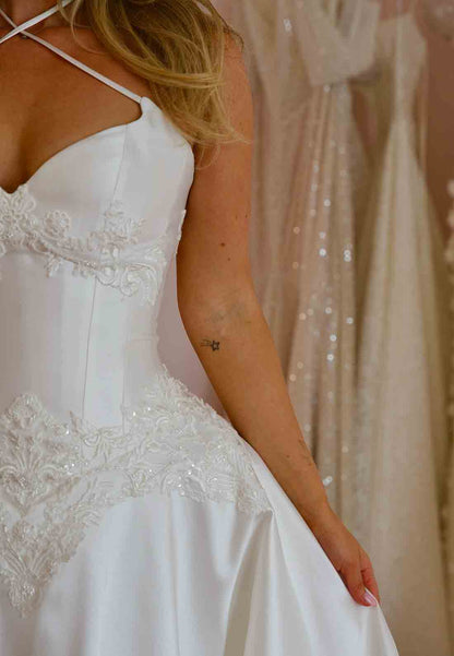 Cross-Neck Halter Satin A-Line Court Train Lace Trim Empire Wedding Dresses