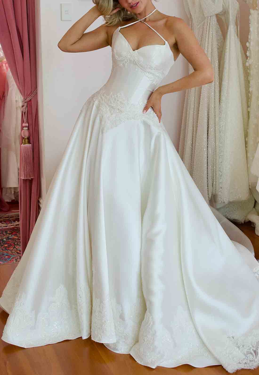 Cross-Neck Halter Satin A-Line Court Train Lace Trim Empire Wedding Dresses