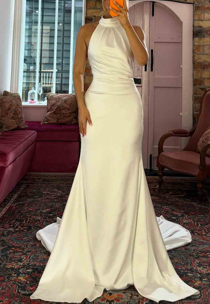 Halter Sleeveless Low Back Simple Court Train Trumpet Wedding Dresses