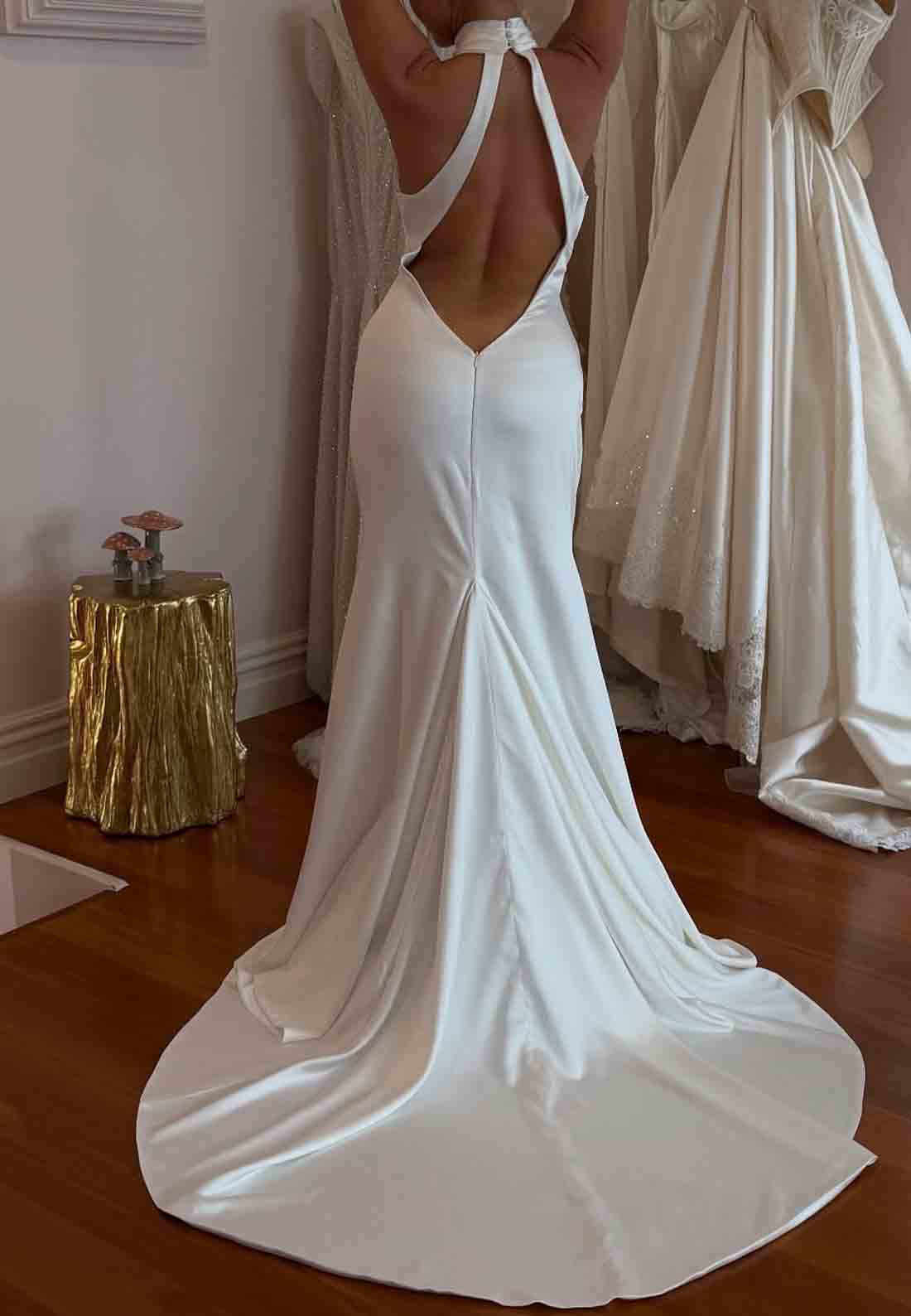 Halter Sleeveless Low Back Simple Court Train Trumpet Wedding Dresses