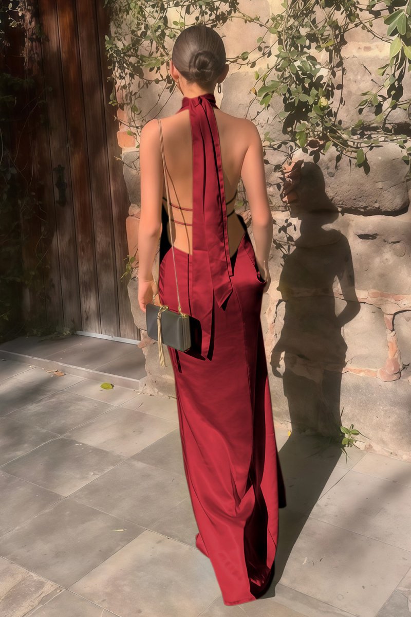 Halter Deep V Neck Satin Sheath Backless Long Prom Dress