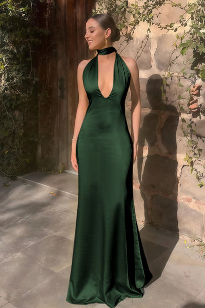 Halter Deep V Neck Satin Sheath Backless Long Prom Dress