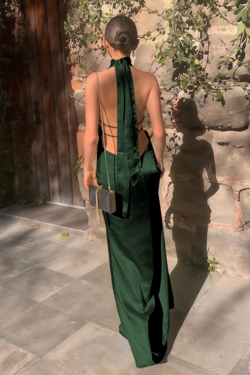 Halter Deep V Neck Satin Sheath Backless Long Prom Dress