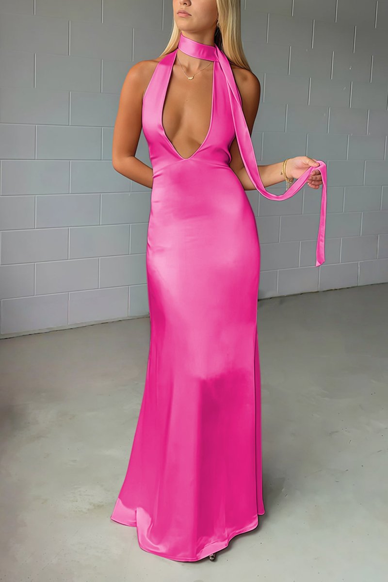 Halter Deep V Neck Satin Sheath Backless Long Prom Dress