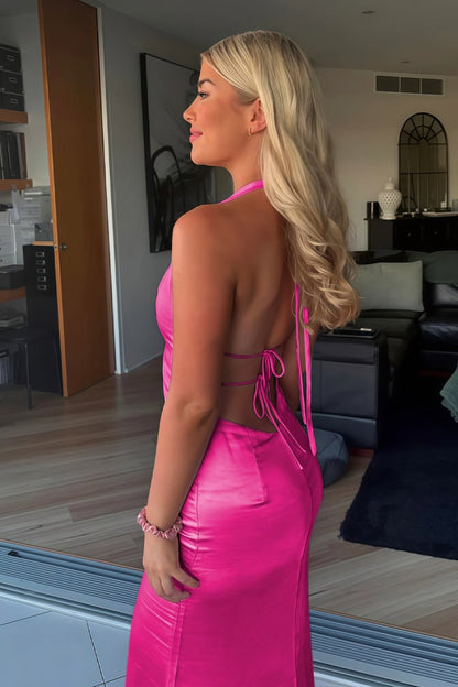 Halter Deep V Neck Satin Sheath Backless Long Prom Dress