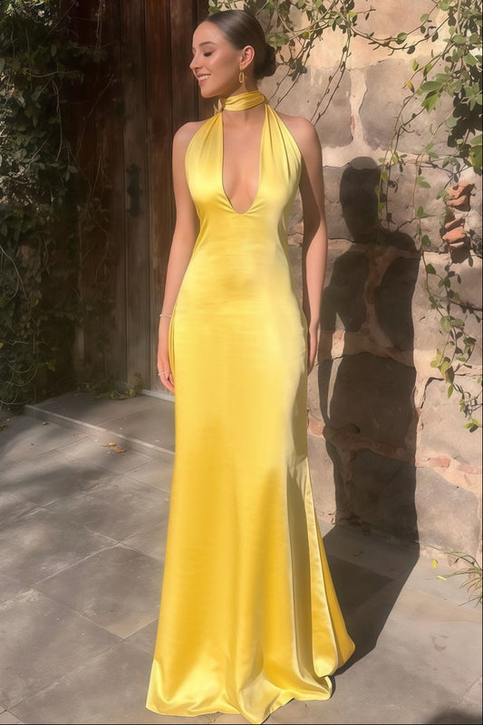 Halter Deep V Neck Satin Sheath Backless Long Prom Dress