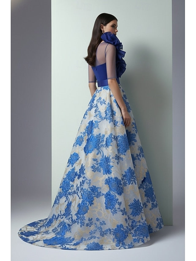 Half Sleeve Flowers Floral Print A-Linr Evening Dress Floor-Length