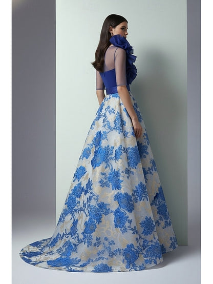 Half Sleeve Flowers Floral Print A-Linr Evening Dress Floor-Length
