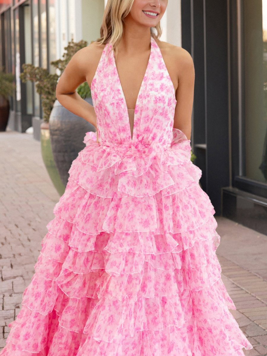 Pink Halter Tulle Printed Ruffle Tiered A Line Prom Dresses
