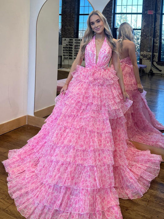 Pink Halter Tulle Printed Ruffle Tiered A Line Prom Dresses