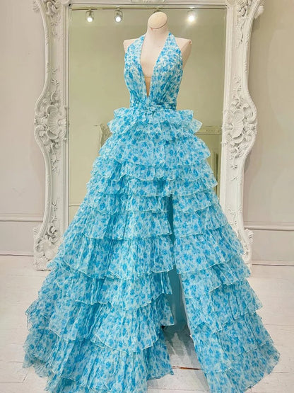 Pink Halter Tulle Printed Ruffle Tiered A Line Prom Dresses