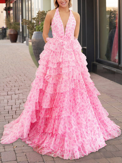 Pink Halter Tulle Printed Ruffle Tiered A Line Prom Dresses