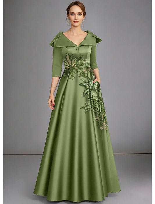 V-Neck Half Sleeve Applique Sequins A-Line Evening Dress Formal