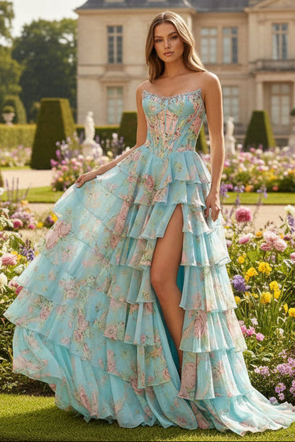 Scoop Neck A Line Floral Chiffon Ruffled Prom Dresses With Beading
