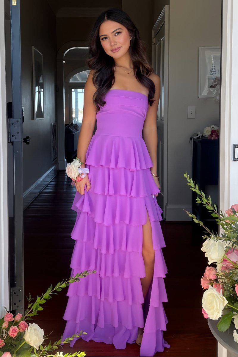 Strapless A Line Chiffon Long Prom Dress With Ruffles