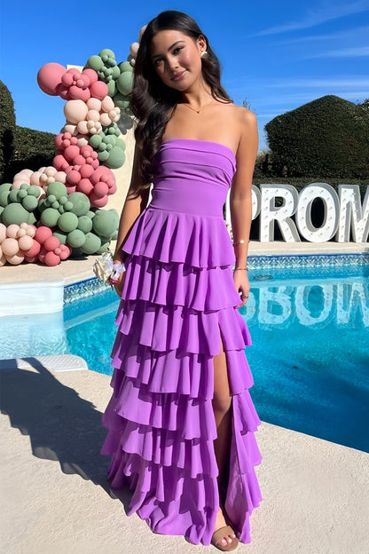 Strapless A Line Chiffon Long Prom Dress With Ruffles
