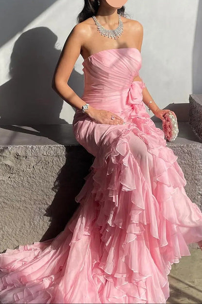 Blush Pink Ruffles Strapless Mermaid Evening Dress