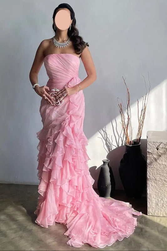Blush Pink Ruffles Strapless Mermaid Evening Dress