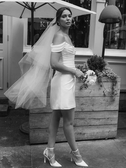 Off-Shoulder Short Satin Cowl Neck Simple Formal Wedding Dress