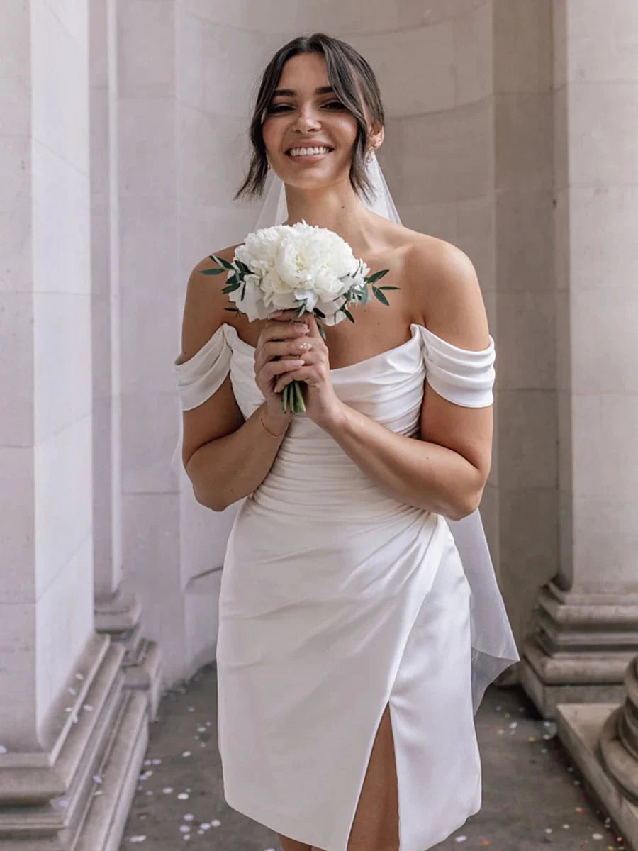 Off-Shoulder Short Satin Cowl Neck Simple Formal Wedding Dress