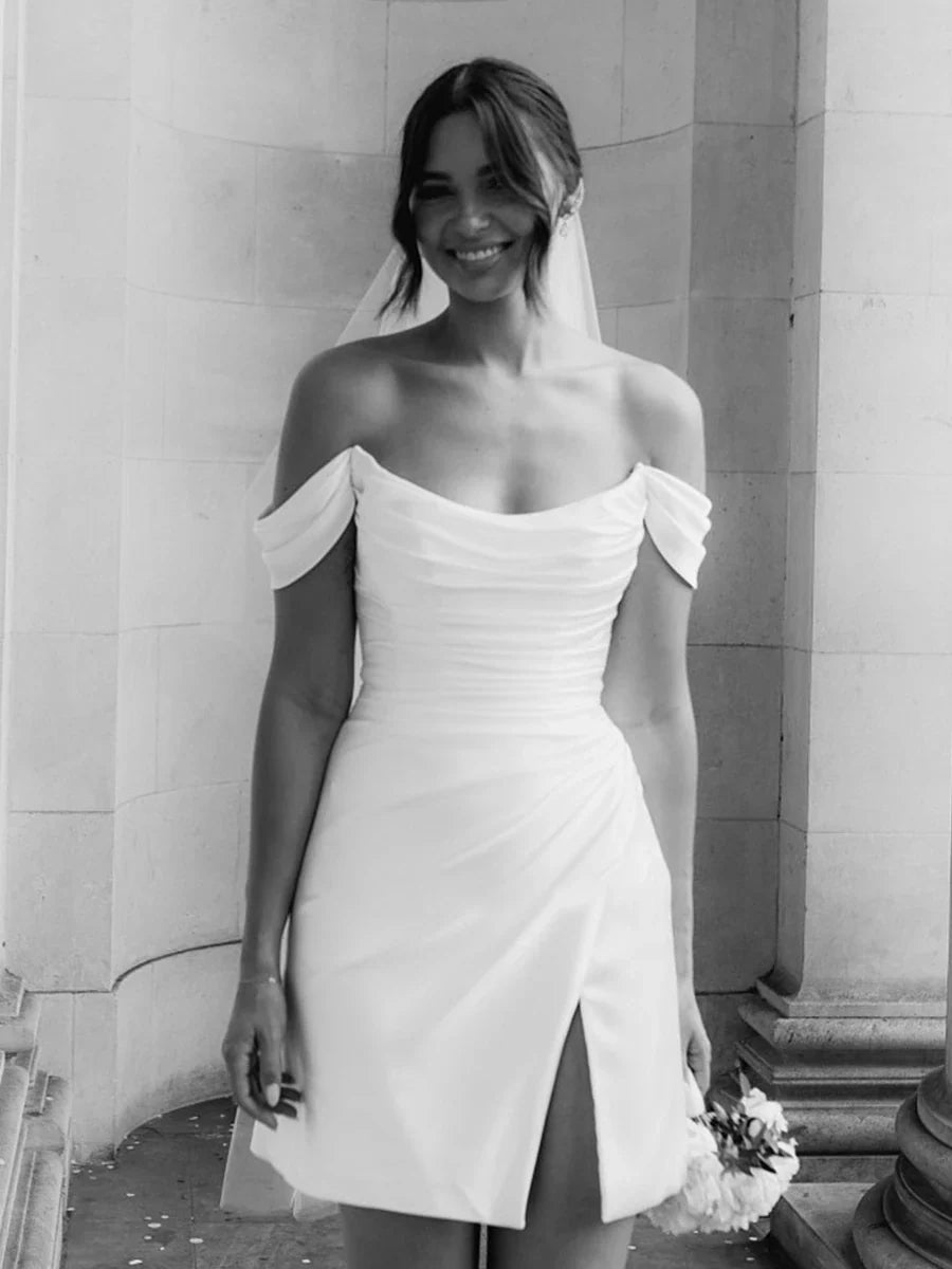 Off-Shoulder Short Satin Cowl Neck Simple Formal Wedding Dress