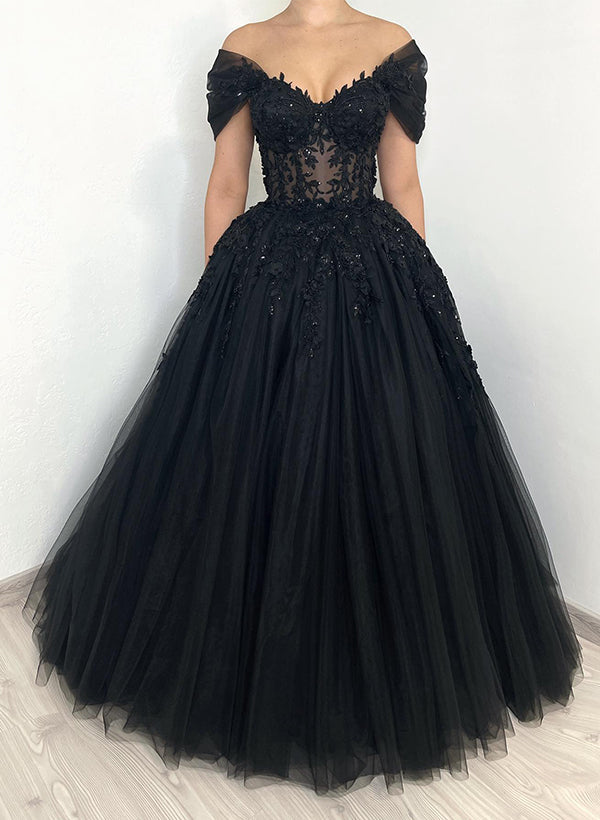 Off-The-Shoulder Chic A-line Wedding Dress Short Sleeves in Lace Tulle