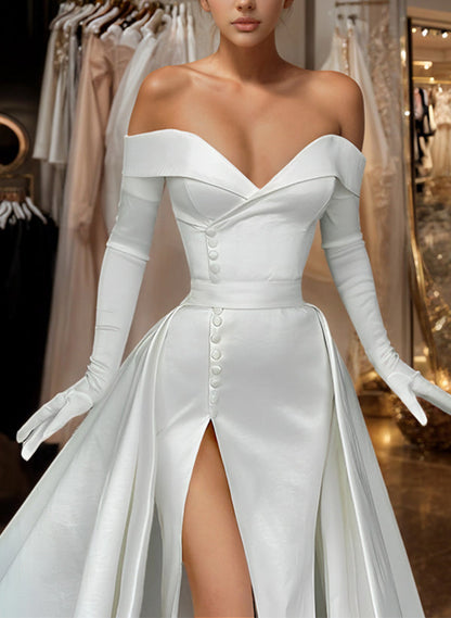 Off-The-Shoulder Court Train Satin Wedding Dresses Detachable Train