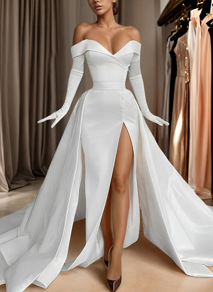 Off-The-Shoulder Court Train Satin Wedding Dresses Detachable Train