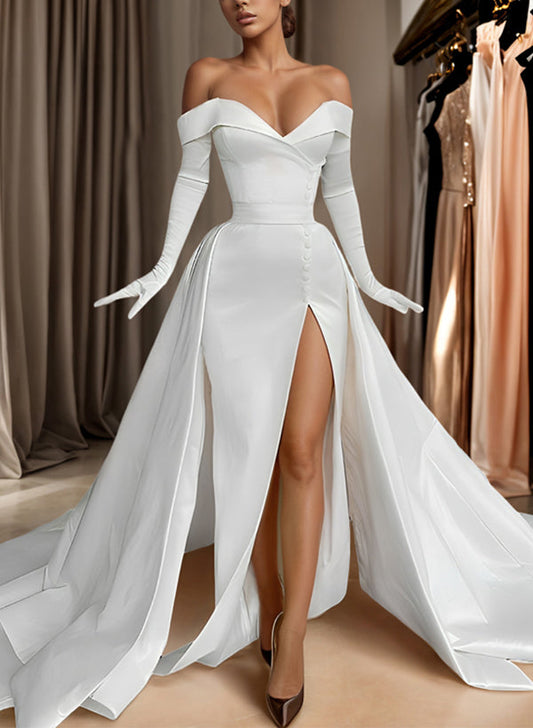 Off-The-Shoulder Court Train Satin Wedding Dresses Detachable Train