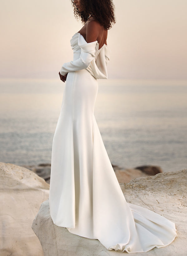 Off-The-Shoulder Long Sleeves Satin Wedding Dresses Sequins
