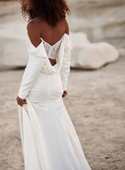 Off-The-Shoulder Long Sleeves Satin Wedding Dresses Sequins