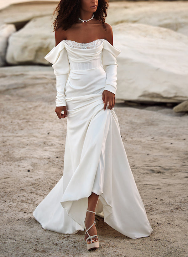 Off-The-Shoulder Long Sleeves Satin Wedding Dresses Sequins