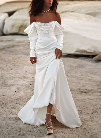Off-The-Shoulder Long Sleeves Satin Wedding Dresses Sequins