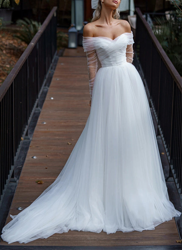 Off-The-Shoulder Long Sleeves Sweep Train Tulle Wedding Dress