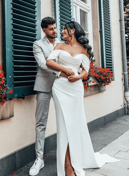 Off-Shoulder Sheath Fitted Slit Wedding Dress