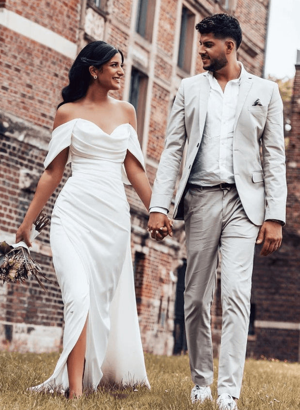 Off-Shoulder Sheath Fitted Slit Wedding Dress