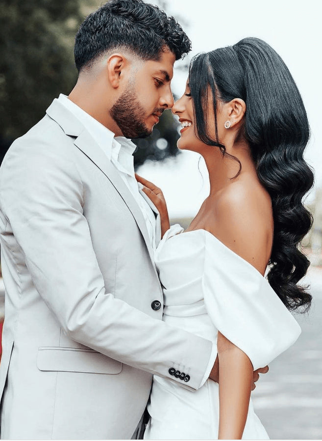 Off-Shoulder Sheath Fitted Slit Wedding Dress