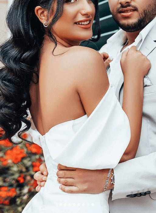 Off-Shoulder Sheath Fitted Slit Wedding Dress