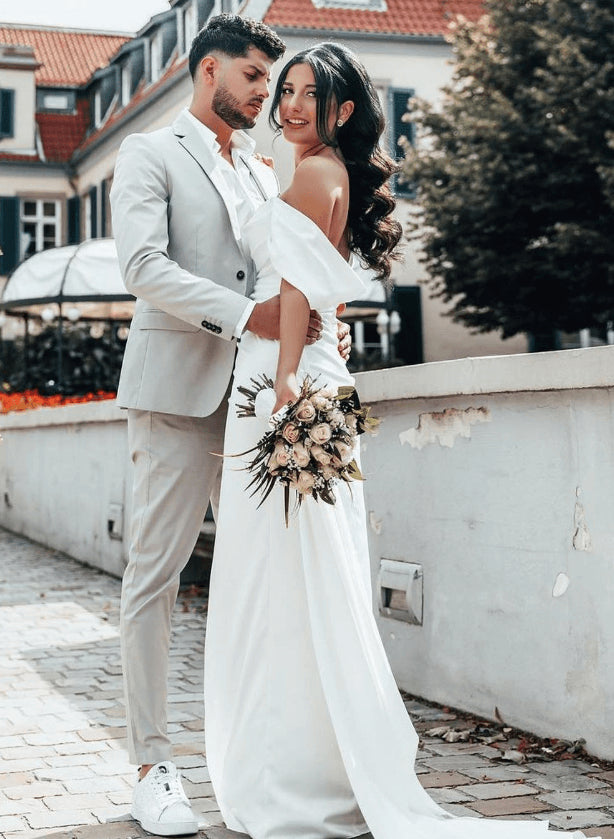 Off-Shoulder Sheath Fitted Slit Wedding Dress