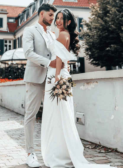 Off-Shoulder Sheath Fitted Slit Wedding Dress