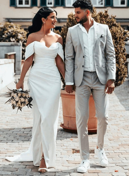 Off-Shoulder Sheath Fitted Slit Wedding Dress
