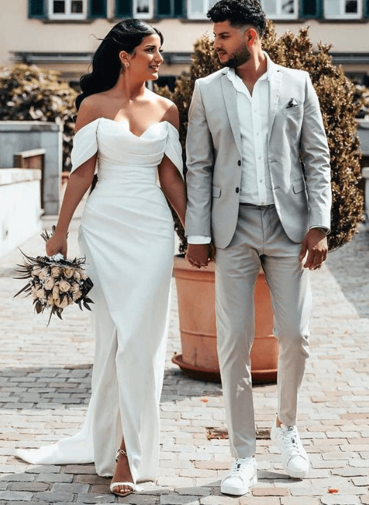 Off-Shoulder Sheath Fitted Slit Wedding Dress