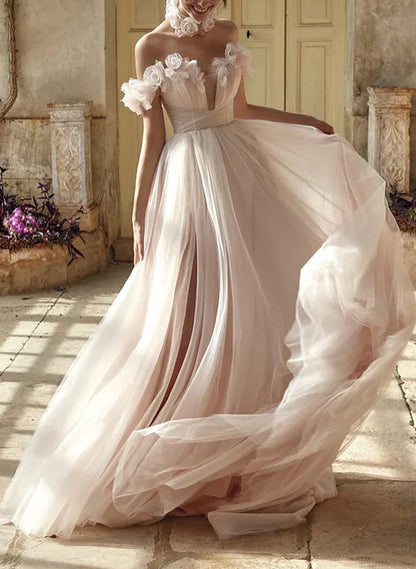 Off-The-Shoulder Tulle Flowers Wedding Dresses Romantic