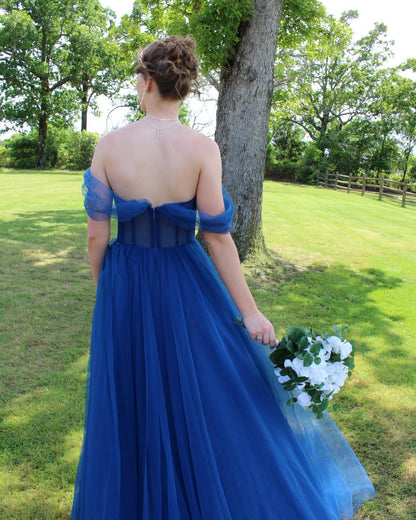 Off the Shoulder Tulle Royal Blue Prom Dress Floor Length Maxi Dress